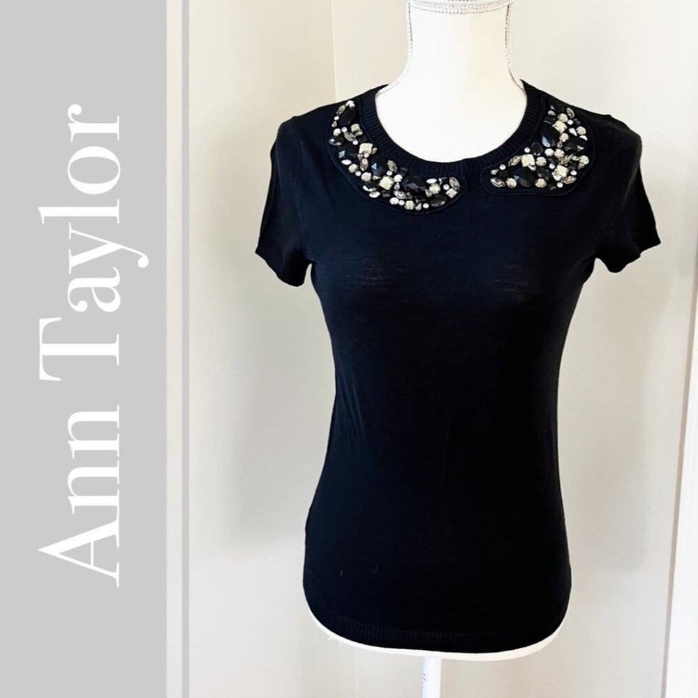 Ann Taylor Black Merino Wool Embellished Collar Sweater